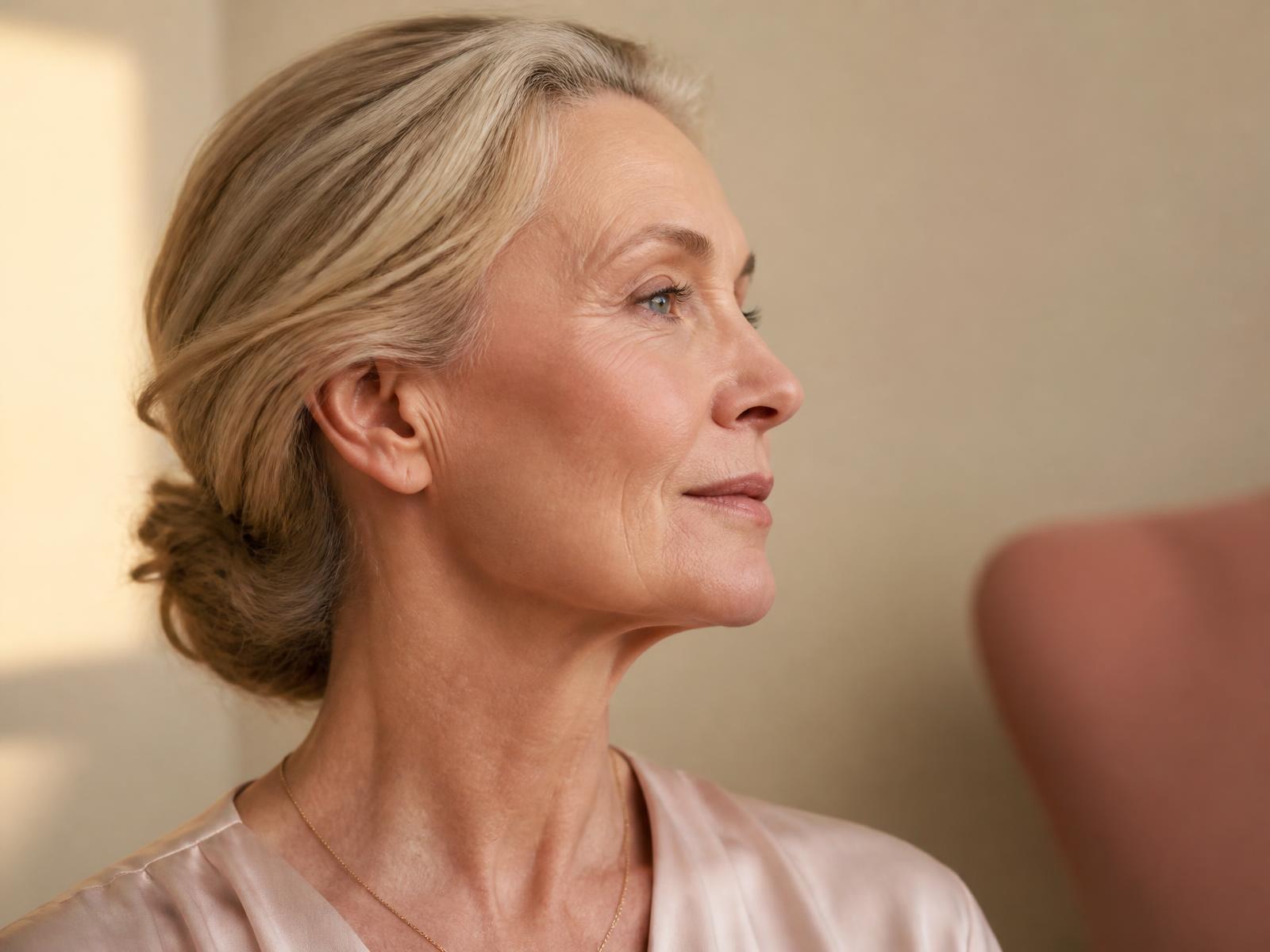 Mature woman showing natural jawline and neck skin