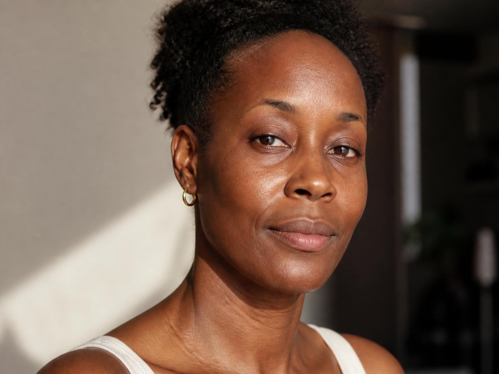 Woman with natural deep brown skin and visible skin texture