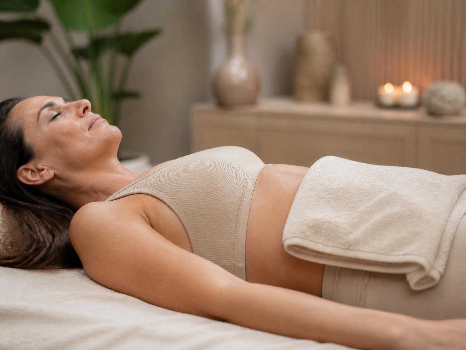 Woman resting comfortably during a body wellness appointment