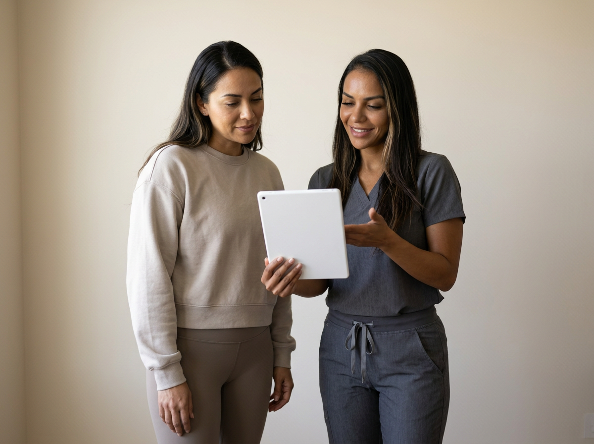 A provider discussing body-contouring goals with a patient